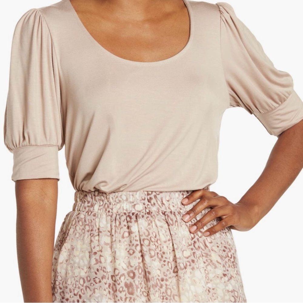 Gibson Scoop Neck Puff Sleeve Top, Large, Good Condition, Taupe
